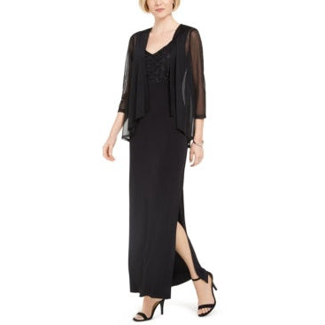 Connected  NINA BLACK EYELASH METALLIC FLOOR-LENGTH DRESS, Size 6