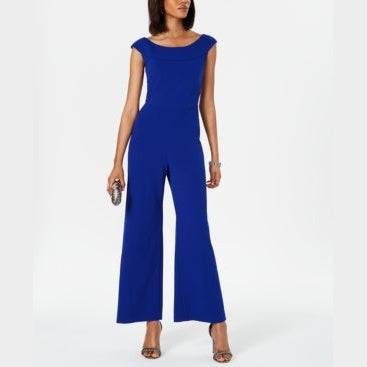 Connected Apparel Womens Blue Short Sleeve Off Shoulder Jumpsuit, Size 12