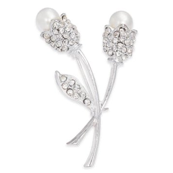 Charter Club Silver-Tone Crystal and Imitation Pearl Tulip Pin