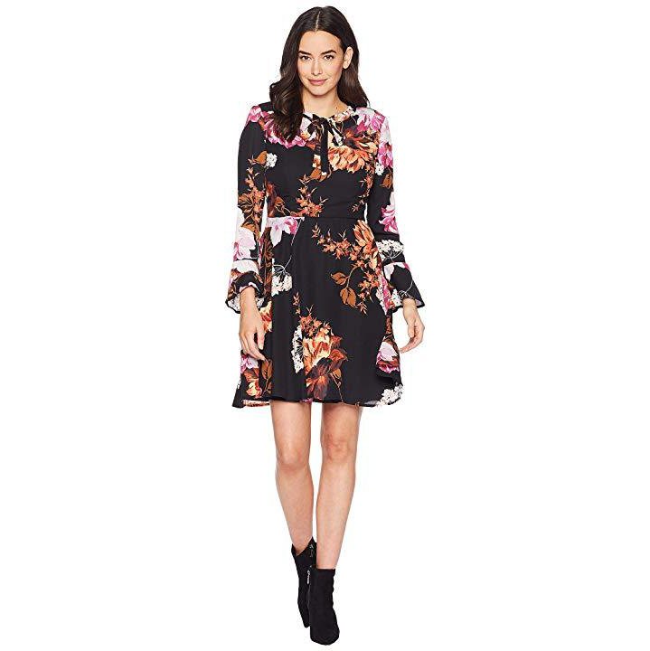 ECI Tie Neck Printed Floral Chiffon Fit and Flare Dress, Size 8