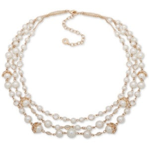 Anne Klein Gold-Tone Pave & Imitation Pearl Triple-Row Necklace, 16 + 3 Extender