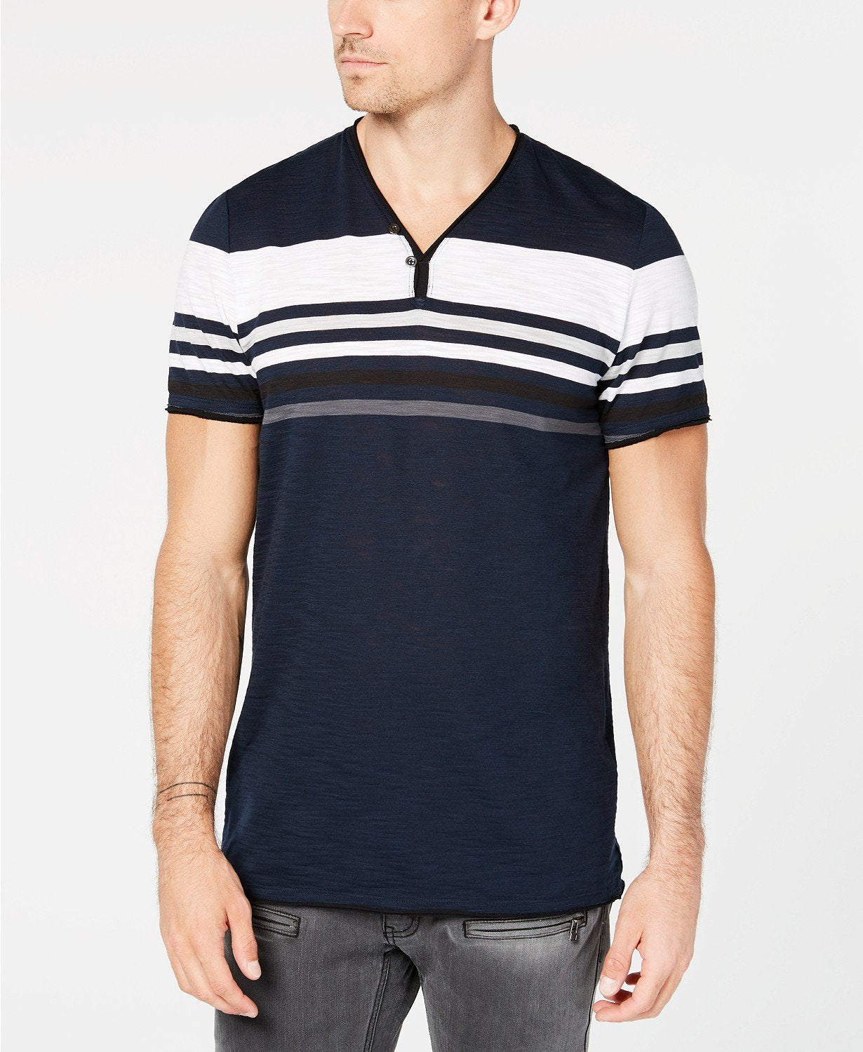 I.n.c. Mens Striped Split-Neck T-Shirt