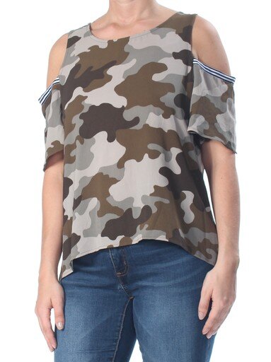 GYPSIES and MOONDUST Womens Green Cold Shoulder Camouflage Short Sleeve, Large