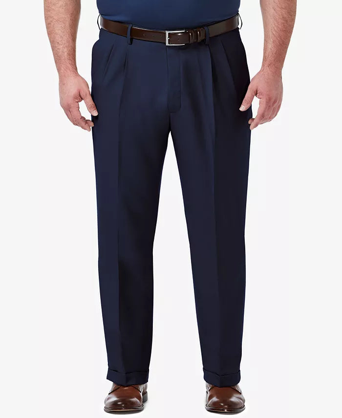 Haggar Mens Big and Tall Stretch Classic-Fit Solid Pleated Dress Pants