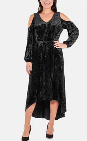 Ny Collection Velvet Cold-Shoulder Tie-Waist Dress, Size Small