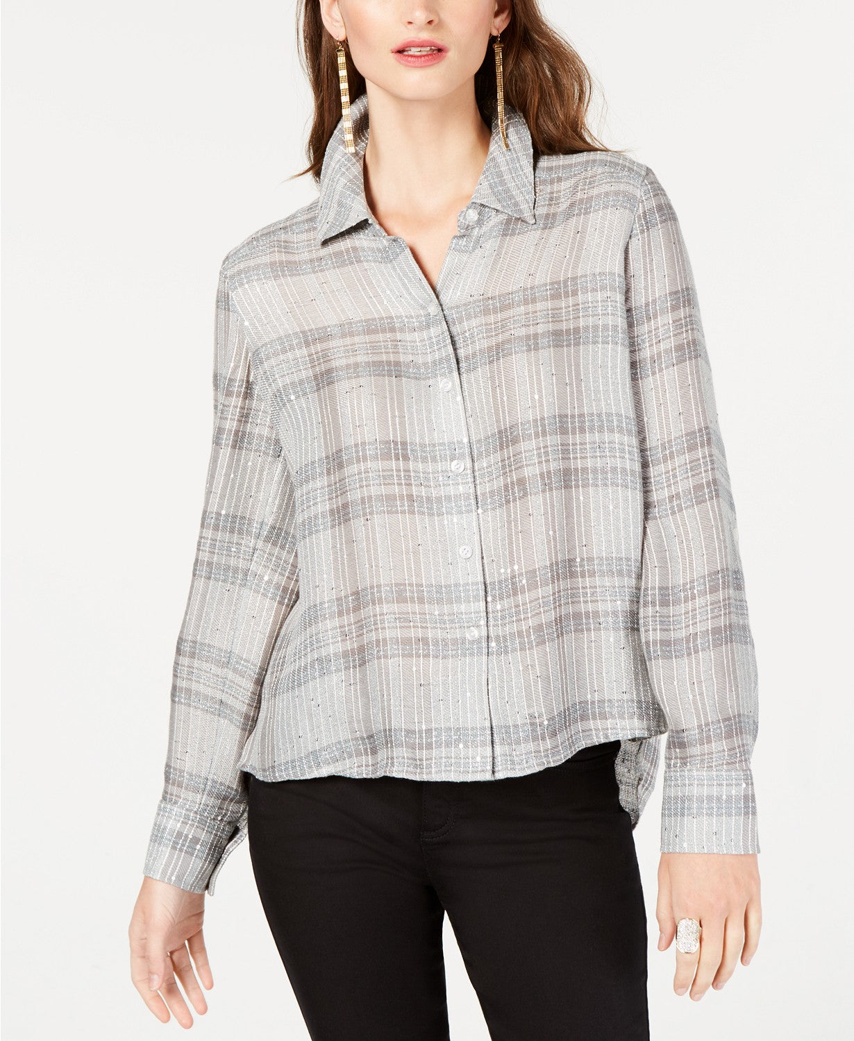 Inc International Concepts I.N.C. Plaid High-Low Top, Size Medium