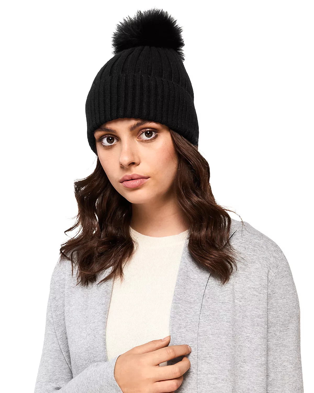 Soia and Kyo Ciel Feather Pom-Pom Rib-Knit Beanie