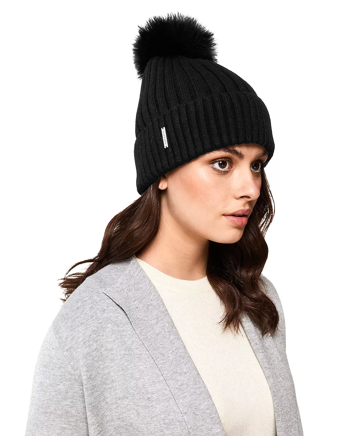 Soia and Kyo Ciel Feather Pom-Pom Rib-Knit Beanie