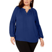 Ny Collection Blouse Navy Plus Split Neck Bishop Sleeve,Size 2X