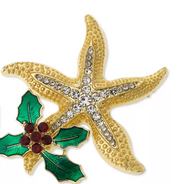 Holiday Lane Gold-Tone Crystal Starfish and Mistletoe Pin