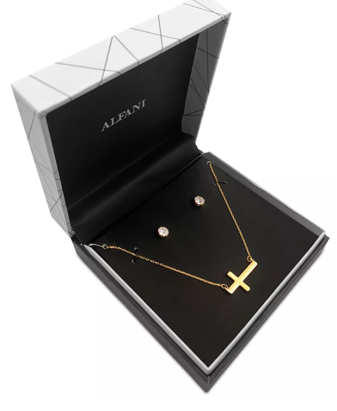 Alfani Gold-Tone Cross Pendant Necklace and Cubic Zirconia Stud Earrings Set