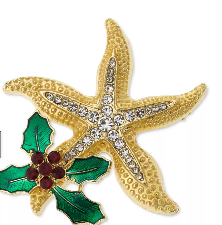 Holiday Lane Gold-Tone Crystal Starfish and Mistletoe Pin