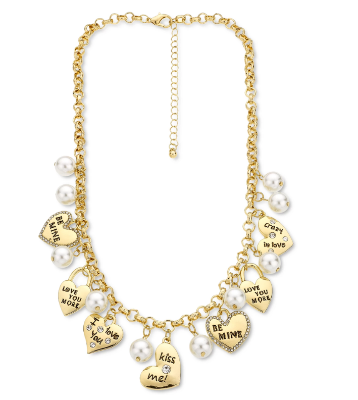 Holiday Lane Gold-Tone Pave Valentine Heart and Imitation Pearl Charm Necklace