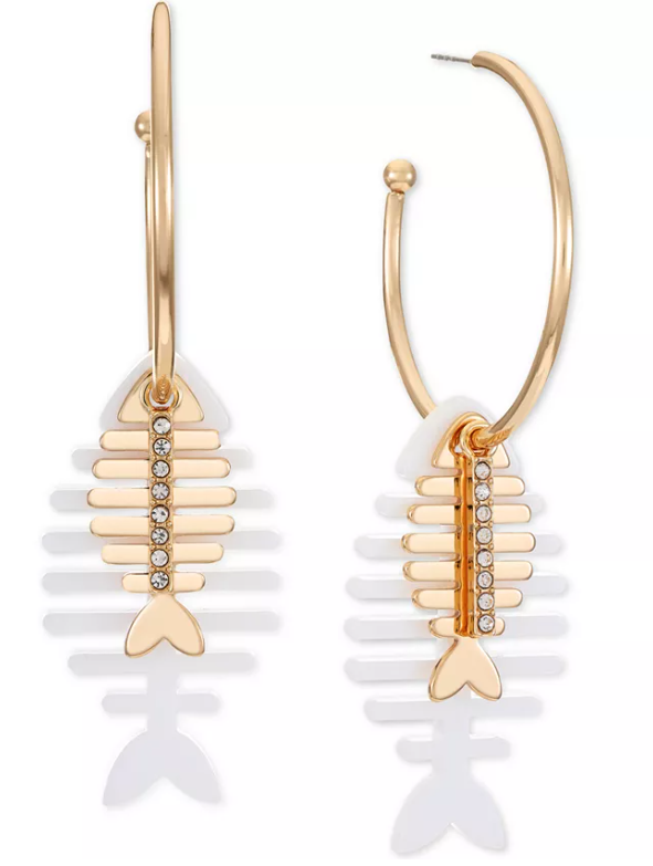 Inc International Concepts Gold-Tone Pave Fish Charm Open Hoop Drop Earrings