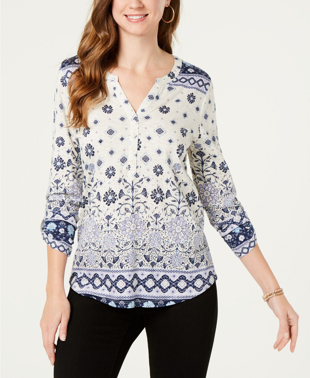 Style & Co Petite Split Neck 3/4-Sleeve Printed Shirt Size PXL