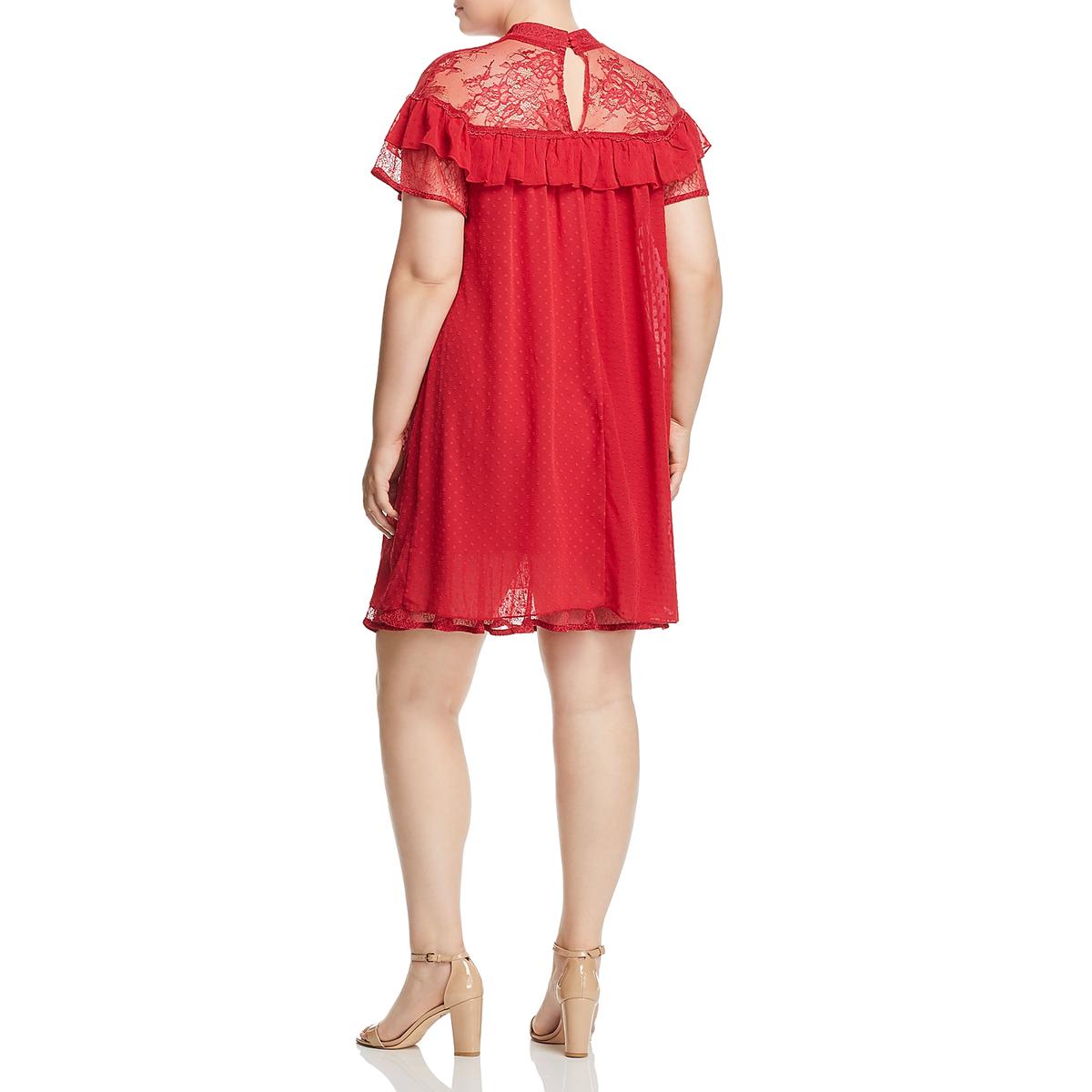 Lost Ink Womens Lace Trim Ruffled Shift Dress, Size 2X, Red