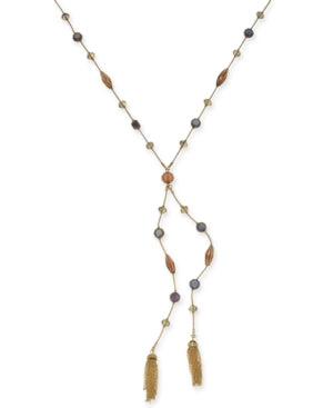 Inc Gold-Tone Crystal, Bead and Chain Tassel Lariat Necklace, 28 + 3 Extender