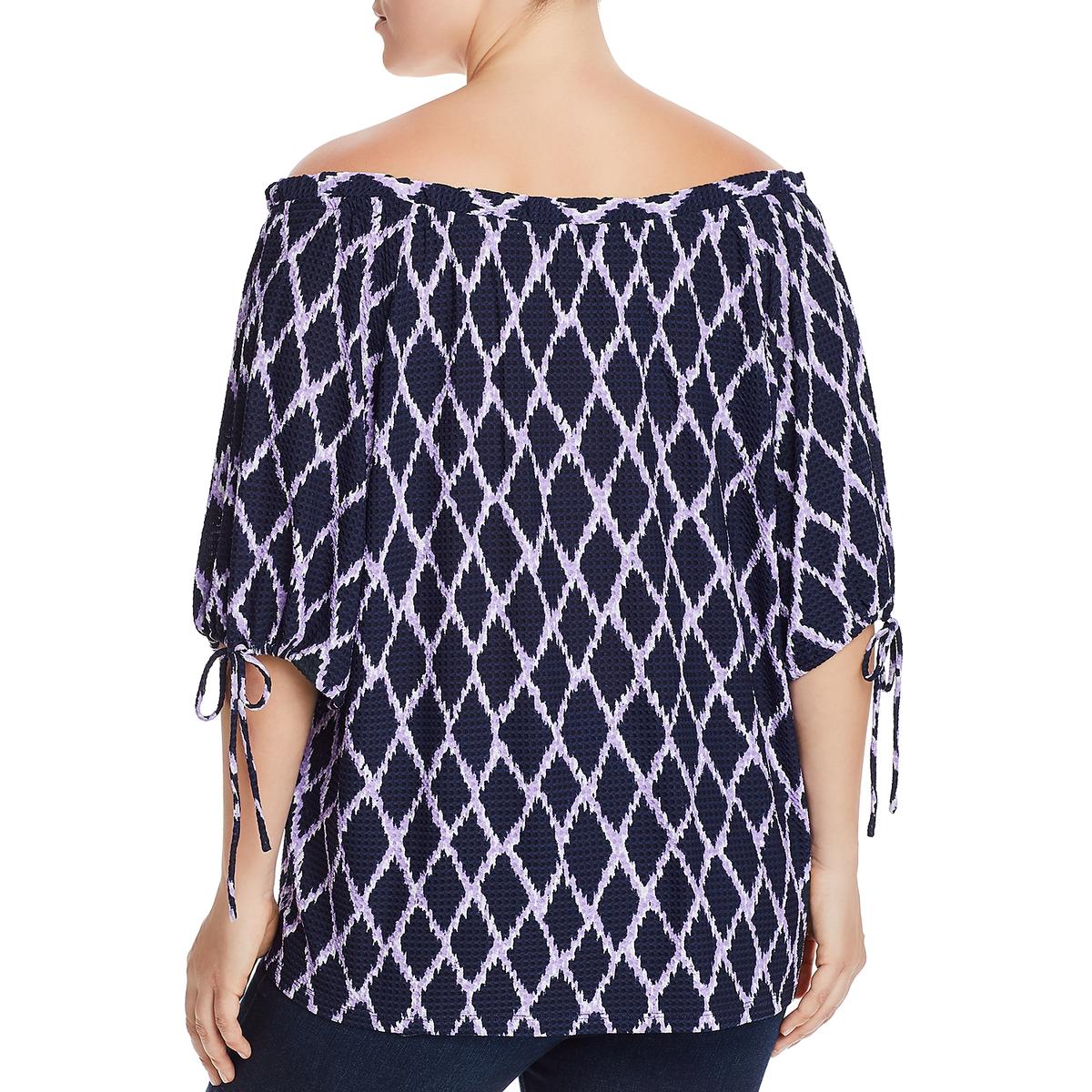 MICHAEL Michael Kors Womens Plus Ikat Ruffled Pullover Top, Navy ,Size 1X