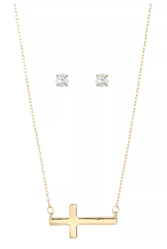 Alfani Gold-Tone Cross Pendant Necklace and Cubic Zirconia Stud Earrings Set