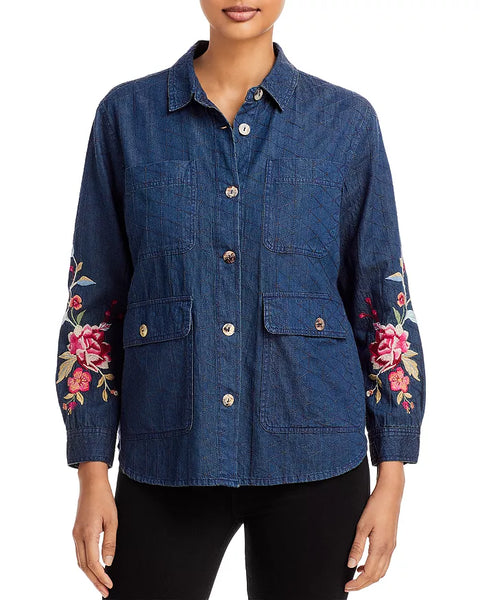 Johnny Was Sonya Cotton Embroidered Denim Shirt, Size XS