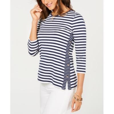 Charter Club Striped Button-Side Top, Size M/Intrepid Blue Combo