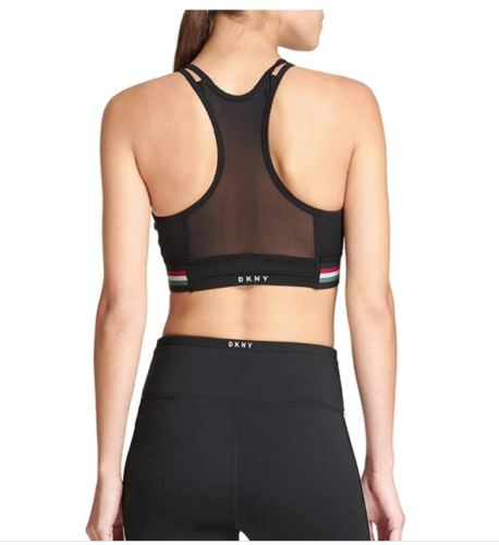 DKNY Sport Track-Stripe Racerback Mid-Impact Sports Bra Black