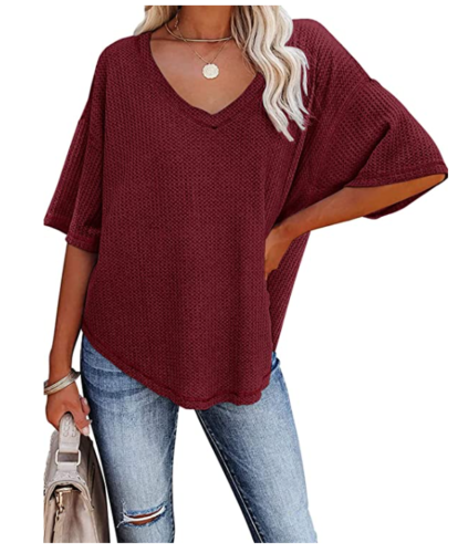 Merokeety Womens V Neck Batwing Shirt Waffle Knit Loose Blouse, Size Medium
