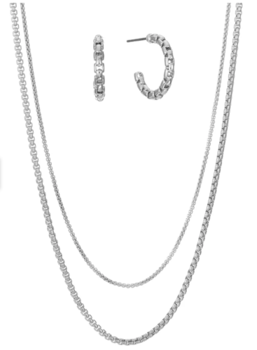Alfani Box Chain Layered Necklace and C-Hoop Earrings Set