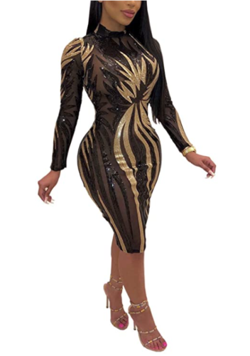 Aro Lora Womens Sexy Sequin Sheer Mesh See Through Long Sleeve Bodycon, Medium