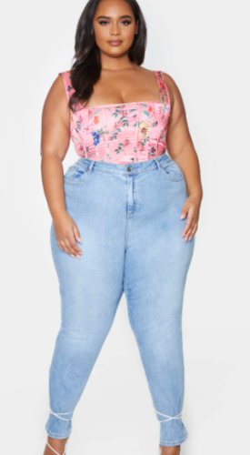 PrettyLittleThing Plus Pink Floral Print Corset Crop Top, Size L/16