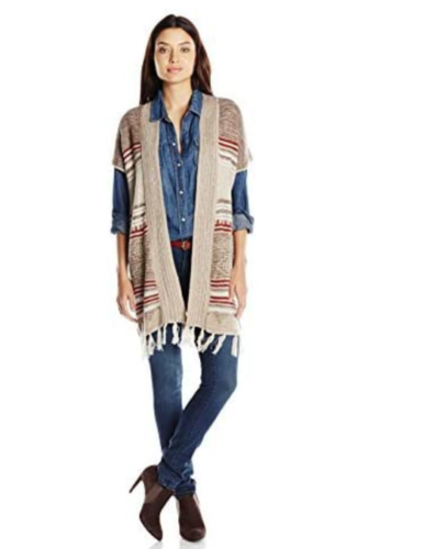 Fresh Womens Jacquard Aztec Print Cardigan Sweater With Fringe, Size Large