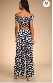 Lulus Flirty Flowers Navy Floral Print Smocked Two-Piece Jumpsuit, Size Large