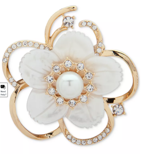 Anne Klein Gold-Tone Imitation Pearl, Mother-of-Pearl and Crystal Flower Pin