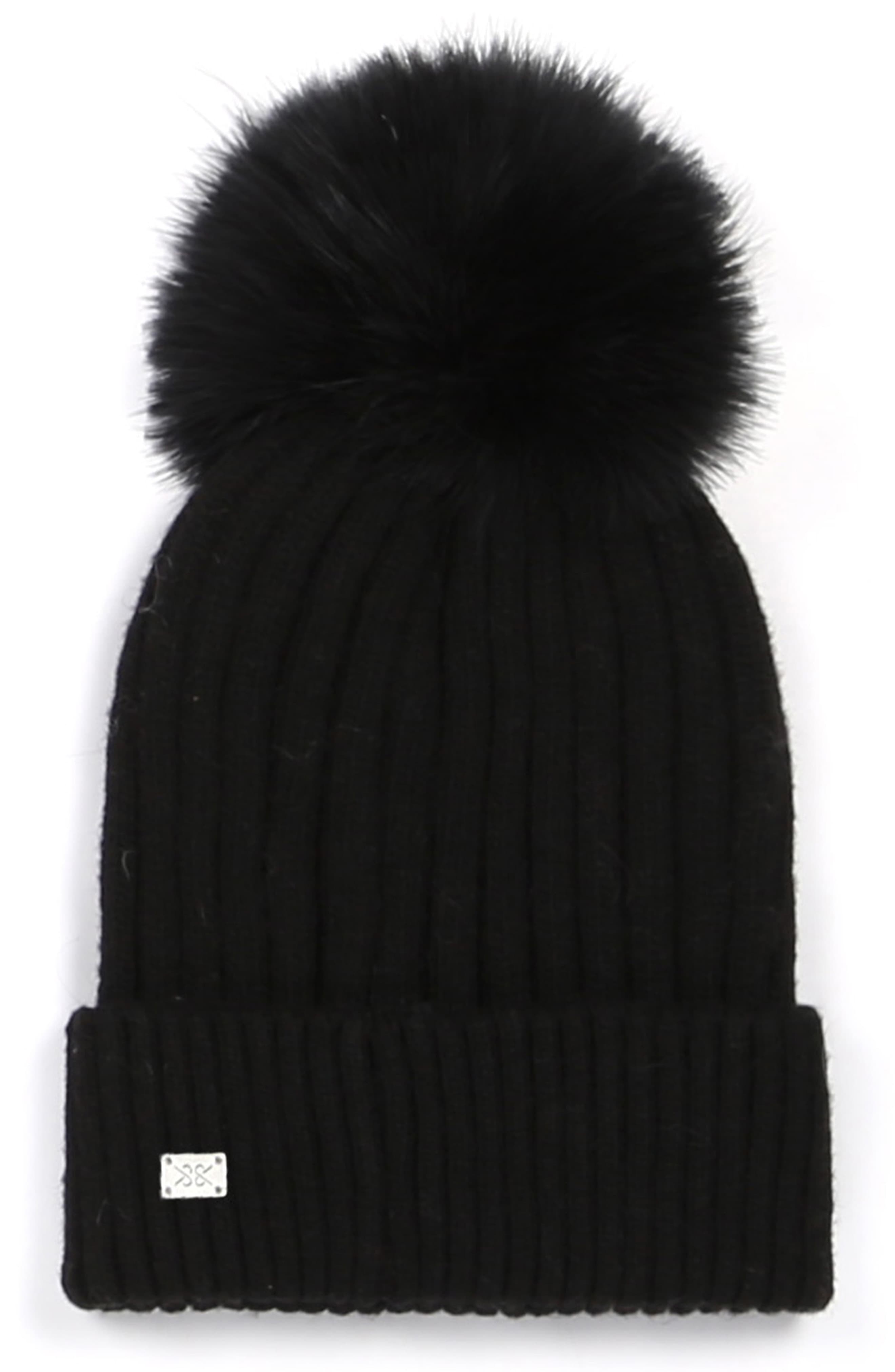 Soia and Kyo Ciel Feather Pom-Pom Rib-Knit Beanie