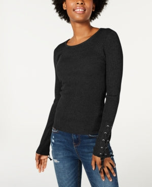 Hooked up by Iot Juniors Lace-up Rib-Knit Sweater
