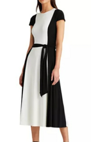 Lauren Ralph Lauren Belted two -tone Jersey Dress, 2/Black/White