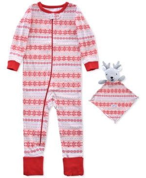 Max & Olivia Baby Girls 2-Pc. Fair-Isle-Print Pajama & Deer Blankie Baby Set