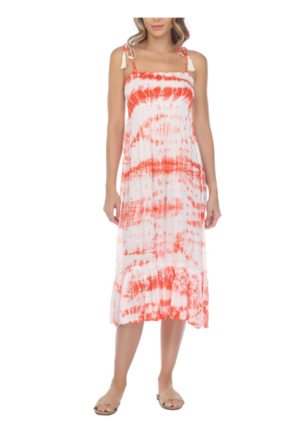 Raviya Womens Coral Tie Dye Stretch Tie Ruffled Midi Dress Smocked Adjustable