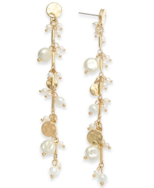 Inc Gold-Tone Disc and Imitation Pearl Shaky Linear Drop Earrings