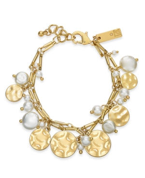 Inc Gold-Tone Imitation Pearl and Hammered Disc Shaky Charm Bracelet