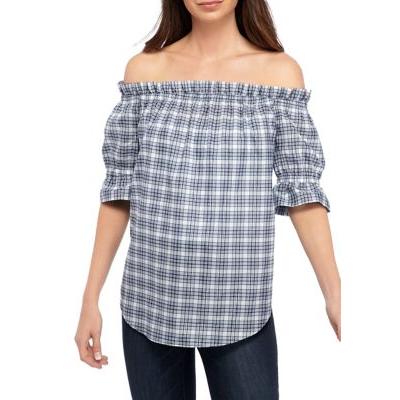 MICHAEL Michael Kors Chambray Womens Plaid Off the Shoulder Blouse, Size Medium