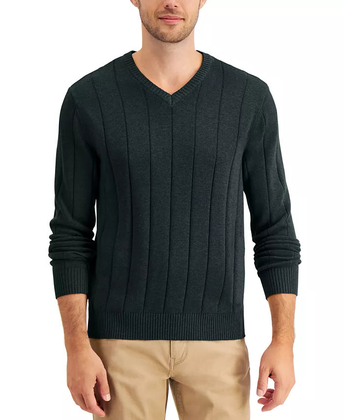 Club Room Mens Drop-Needle V-Neck Cotton Sweater, Size Medium