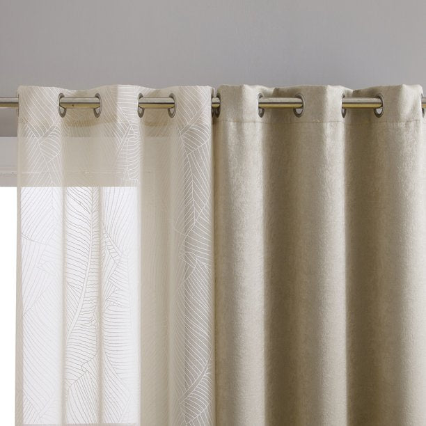 Vcny Home Hudson 4-Piece Leaf Blackout Sheer Curtain Panel Set, Taupe, 38 x 84