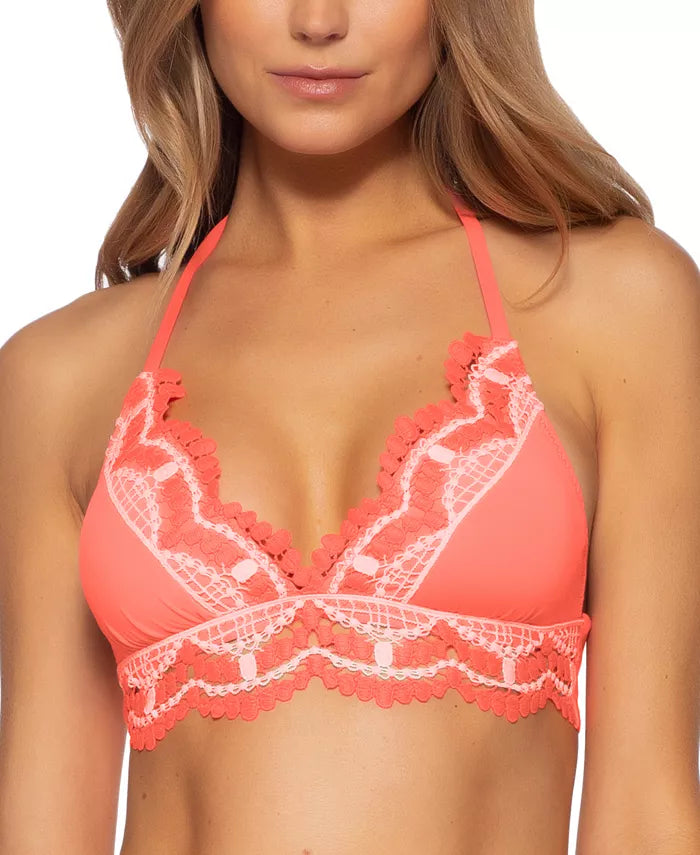 Becca Delilah Solid Crochet Trim Halter Bikini Top