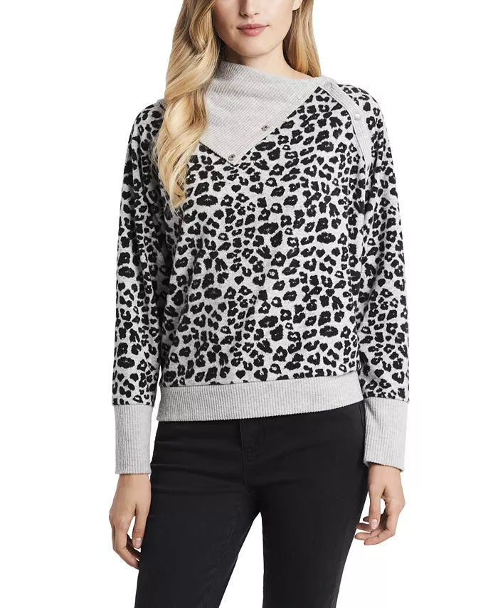 Vince Camuto Leopard Jacquard Print Fold Over Neck Long Sleeve Top, XL