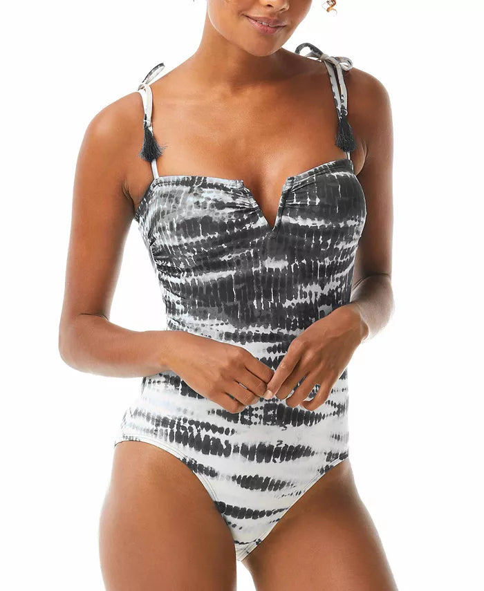 Vince Camuto Tie-Dye Tassel Strap V-Notch One-Piece Swimsuit, Size 6