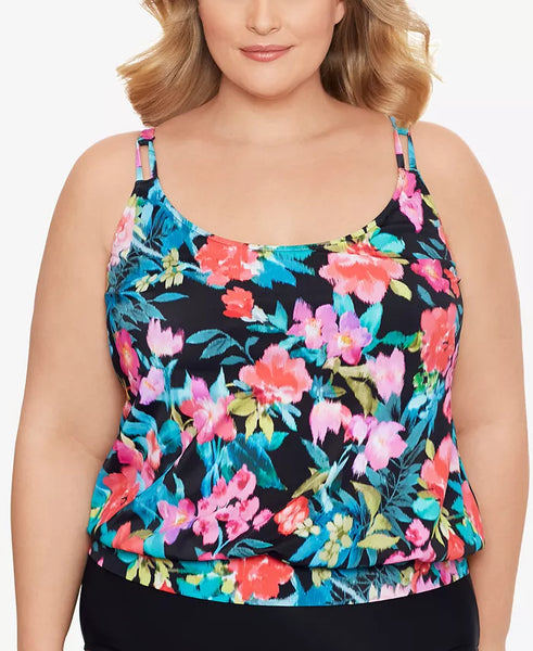 Swim Solutions Plus Size in Living Color Blouson Tankini Top, Size 24W