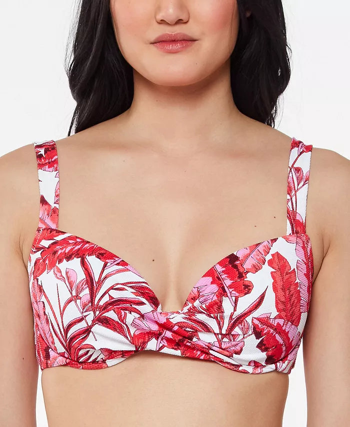 Jessica Simpson Printed Paradiso Palm Twist-Front Bikini Top, Size Small/D