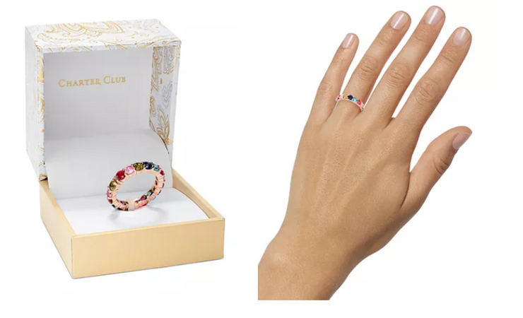 Charter Club 18K Rose Gold Plate Multicolor Crystal Ring, Size 5