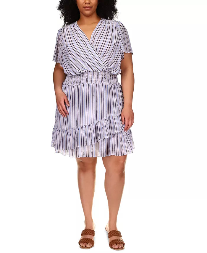 Michael Michael Kors Plus Size Striped Surplice-Neck Dress, Size 1X